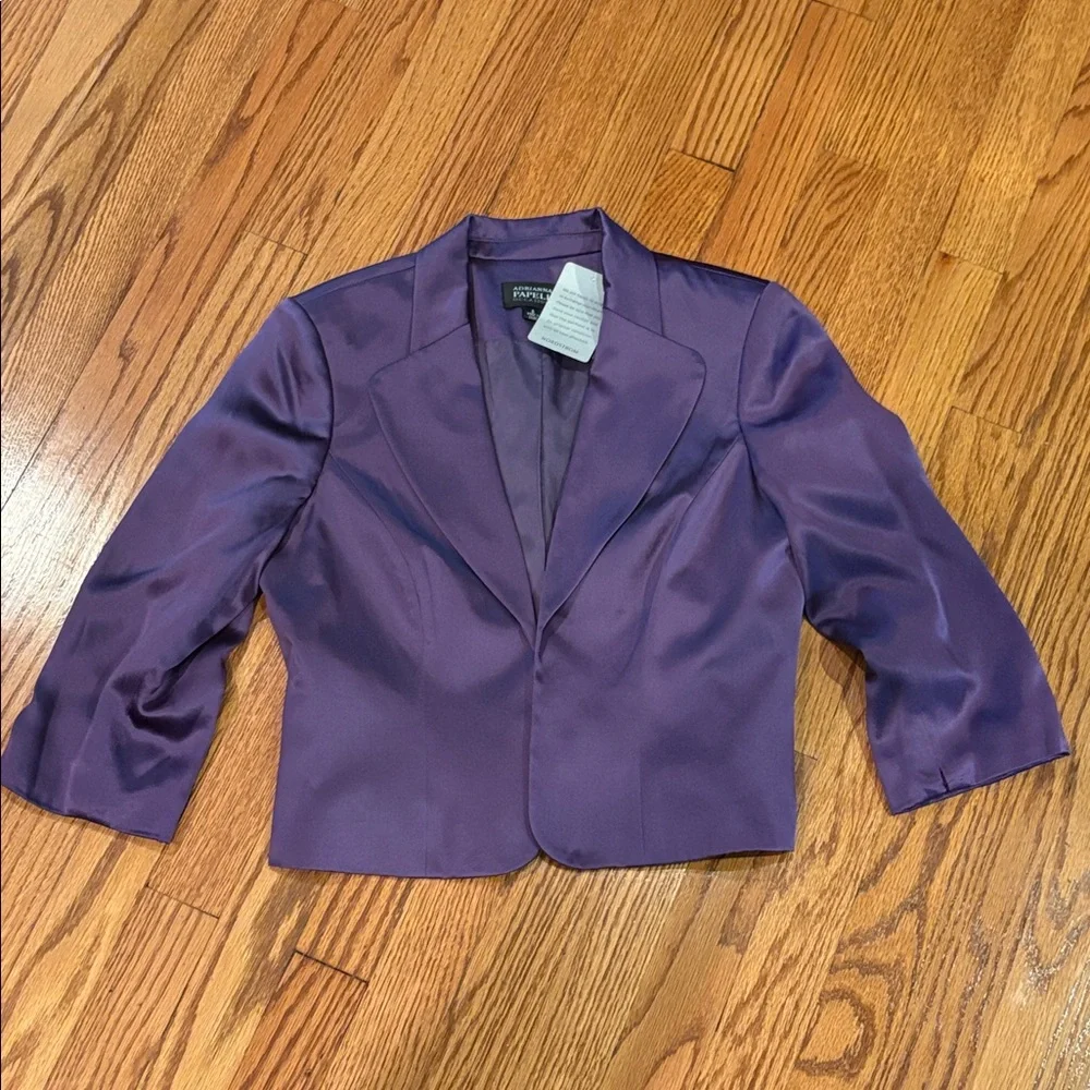 Adrianna Papell Silk purple Cropped Evening Shrug Jacket Blazer Notched Lapel 6